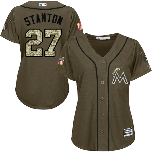 Women's Majestic Miami Marlins #27 Giancarlo Stanton Authentic Green Salute to Service MLB Jersey