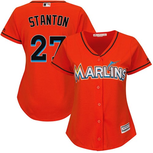 Women's Majestic Miami Marlins #27 Giancarlo Stanton Authentic Orange Alternate 1 Cool Base MLB Jersey