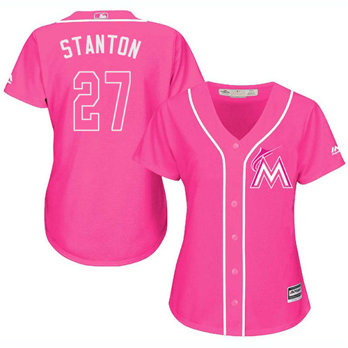 Women's Majestic Miami Marlins #27 Giancarlo Stanton Authentic Pink Fashion Cool Base MLB Jersey