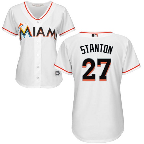 Women's Majestic Miami Marlins #27 Giancarlo Stanton Authentic White Home Cool Base MLB Jersey