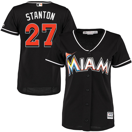 Women's Majestic Miami Marlins #27 Giancarlo Stanton Replica Black Alternate 2 Cool Base MLB Jersey