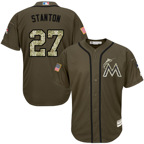Youth Majestic Miami Marlins #27 Giancarlo Stanton Authentic Green Salute to Service MLB Jersey