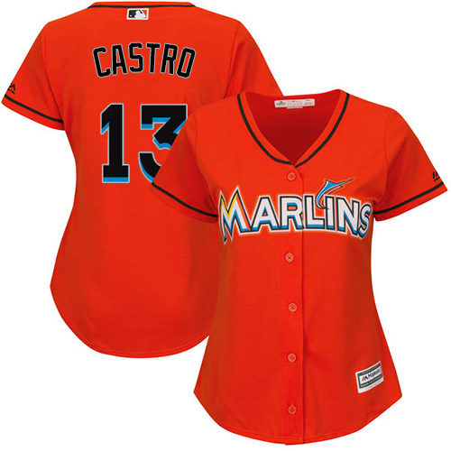 Women's Majestic Miami Marlins #13 Starlin Castro Authentic Orange Alternate 1 Cool Base MLB Jersey