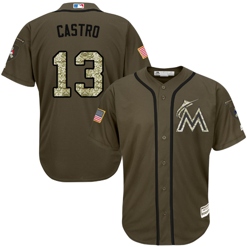 Youth Majestic Miami Marlins #13 Starlin Castro Authentic Green Salute to Service MLB Jersey